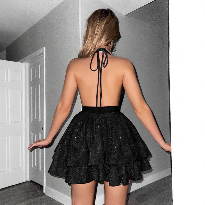 Mini Dress with Flounced Tiered Skirt – Women's High Waist Cotton