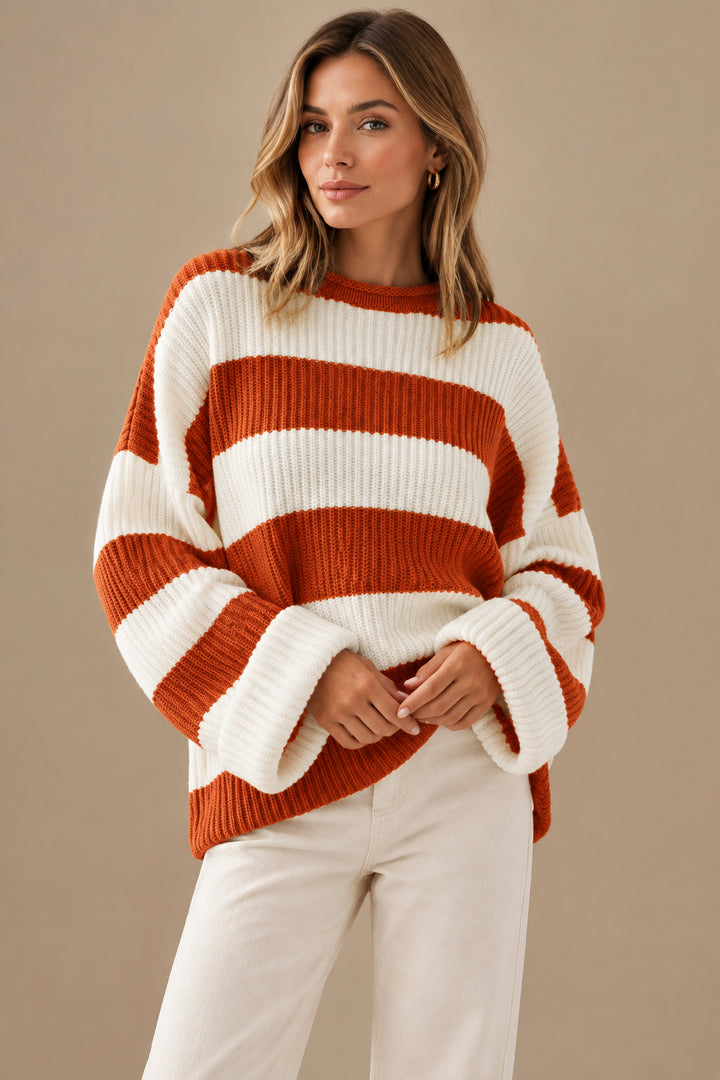 Women's Striped Knit Sweater – Soft Batwing Sleeve Pullover