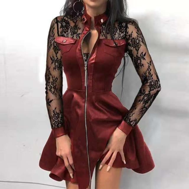 Women's Vegan Leather Midi Dress – Printed Stitch Detail Stand Collar
