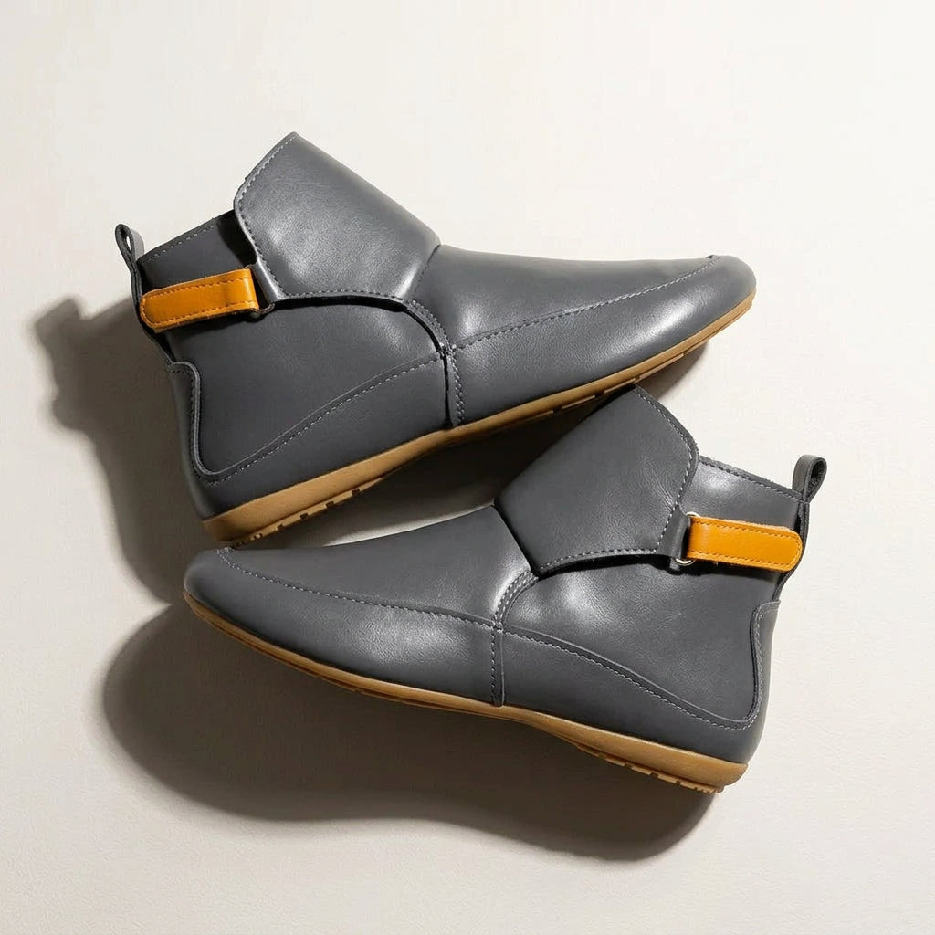 Women's Flat Leather Ankle Boot – Velcro Strap, Contrast Stitching