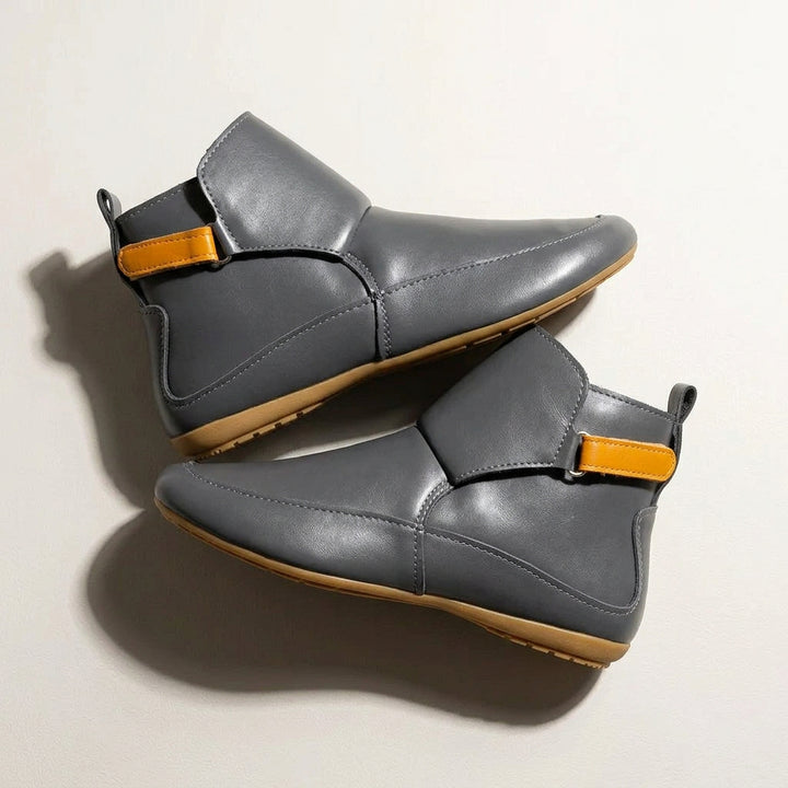 Women's Flat Leather Ankle Boot – Velcro Strap, Contrast Stitching