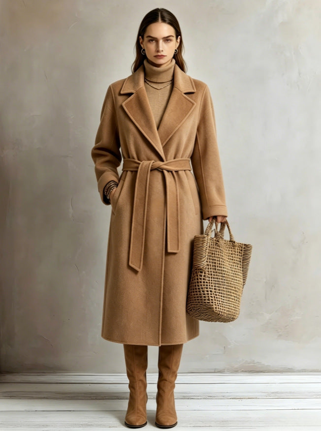 Women's Wool Lapel Coat – Relaxed Fit, Lace-Up Detail