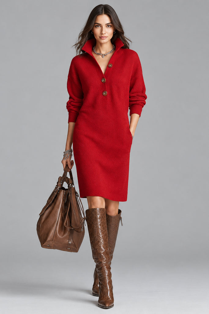 Women's Sweater Mini Dress – Stand Collar V-Neck Button Design