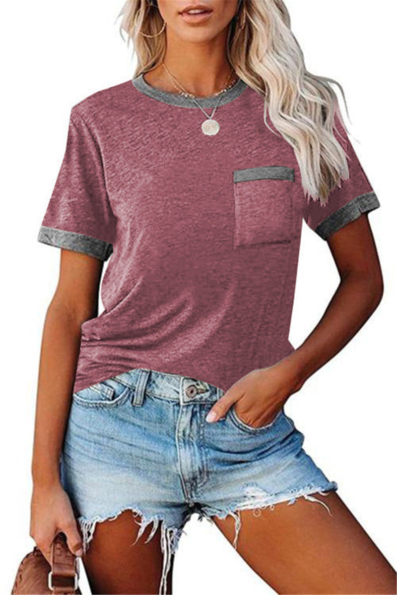 Women's Colorblock Top – Relaxed Fit Round Neck with Pocket