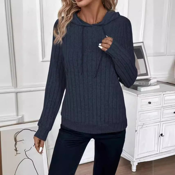 Women's Ribbed Pullover Hoodie – Textured Stripe Knit, Long Sleeve