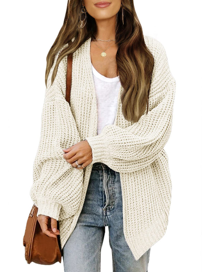 Chunky Knit Cardigan – Women's Lantern Sleeve Cotton Blend with Pockets