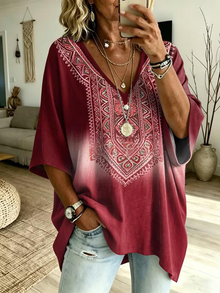 Women's Plus T-Shirt – V-Neck Batwing Sleeve, Retro Floral Print