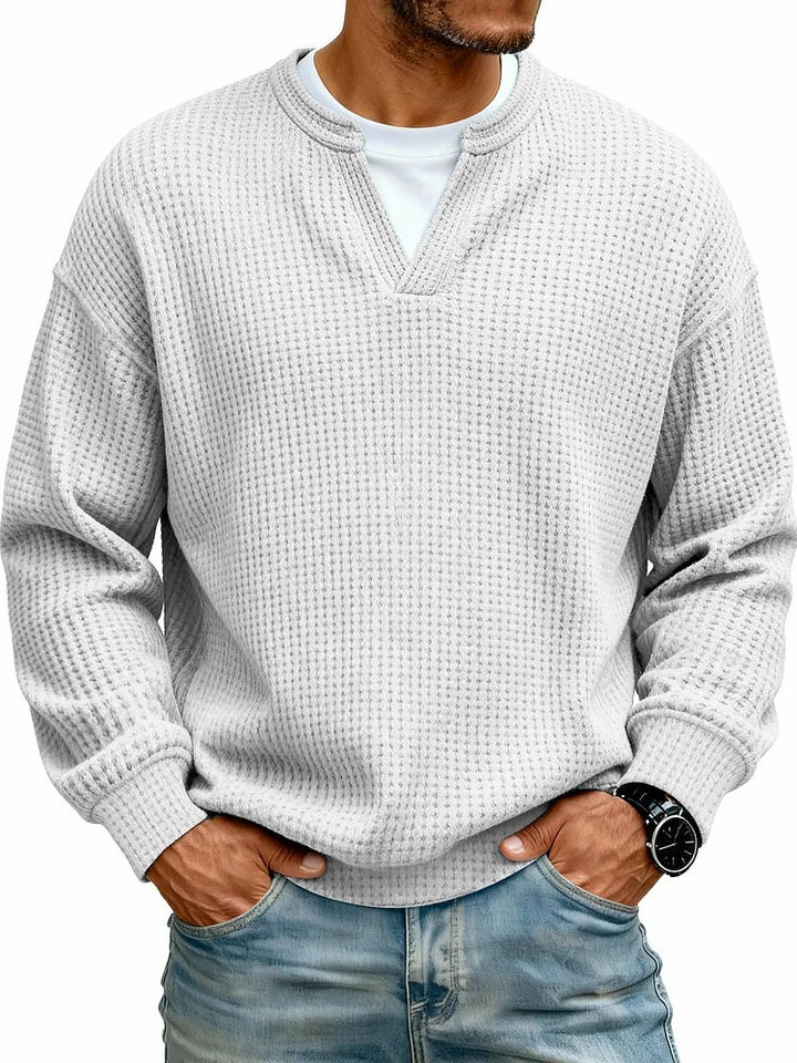 Men’s Waffle Knit Sweatshirt – Relaxed V-Neck Pullover