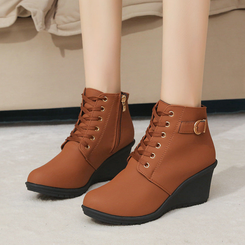 Women's Wedge Heel Ankle Boot with Buckle & Side Zip – Suede Look