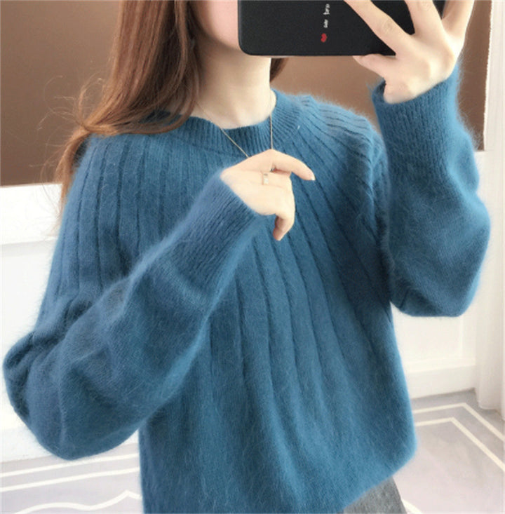Women's Crew Neck Knitted Pullover Sweater – Soft Short Silhouette