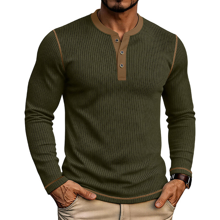 Men’s Colorblock Henley Long Sleeve Cotton T-Shirt – Textured Pullover