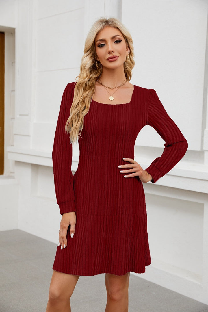 Women's Midi Dress with Pockets – Soft Square Neck, Lantern Sleeve