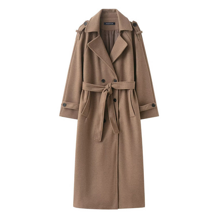 Women's Double-Breasted Long Coat – Belted, Notch Lapel Silhouette