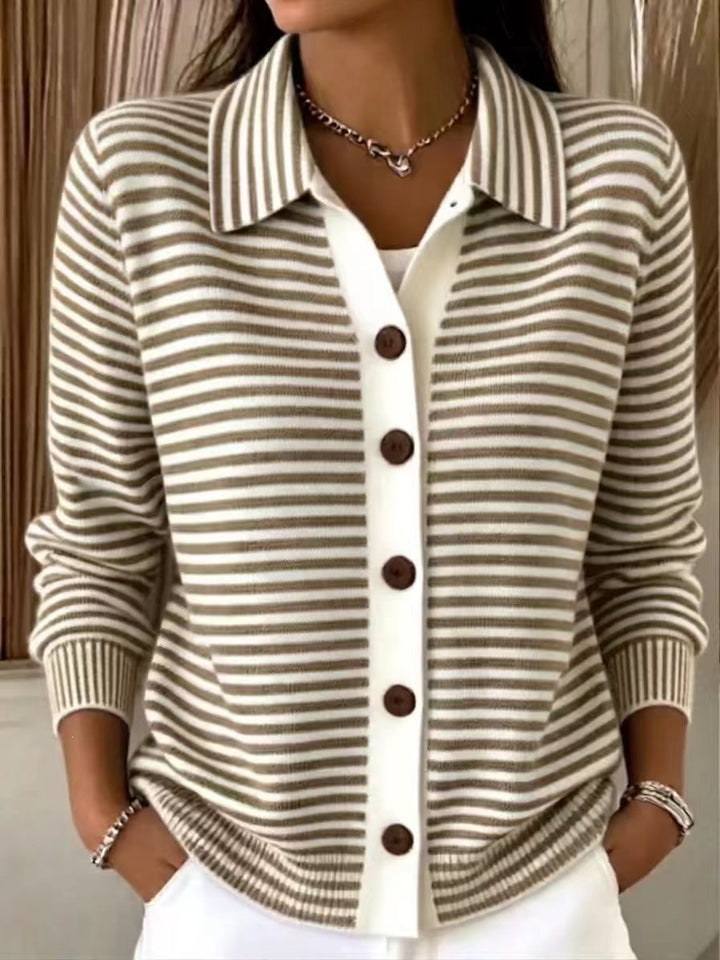 Women's Striped Knit Cardigan Button-Down Soft Cotton Layered Sweater