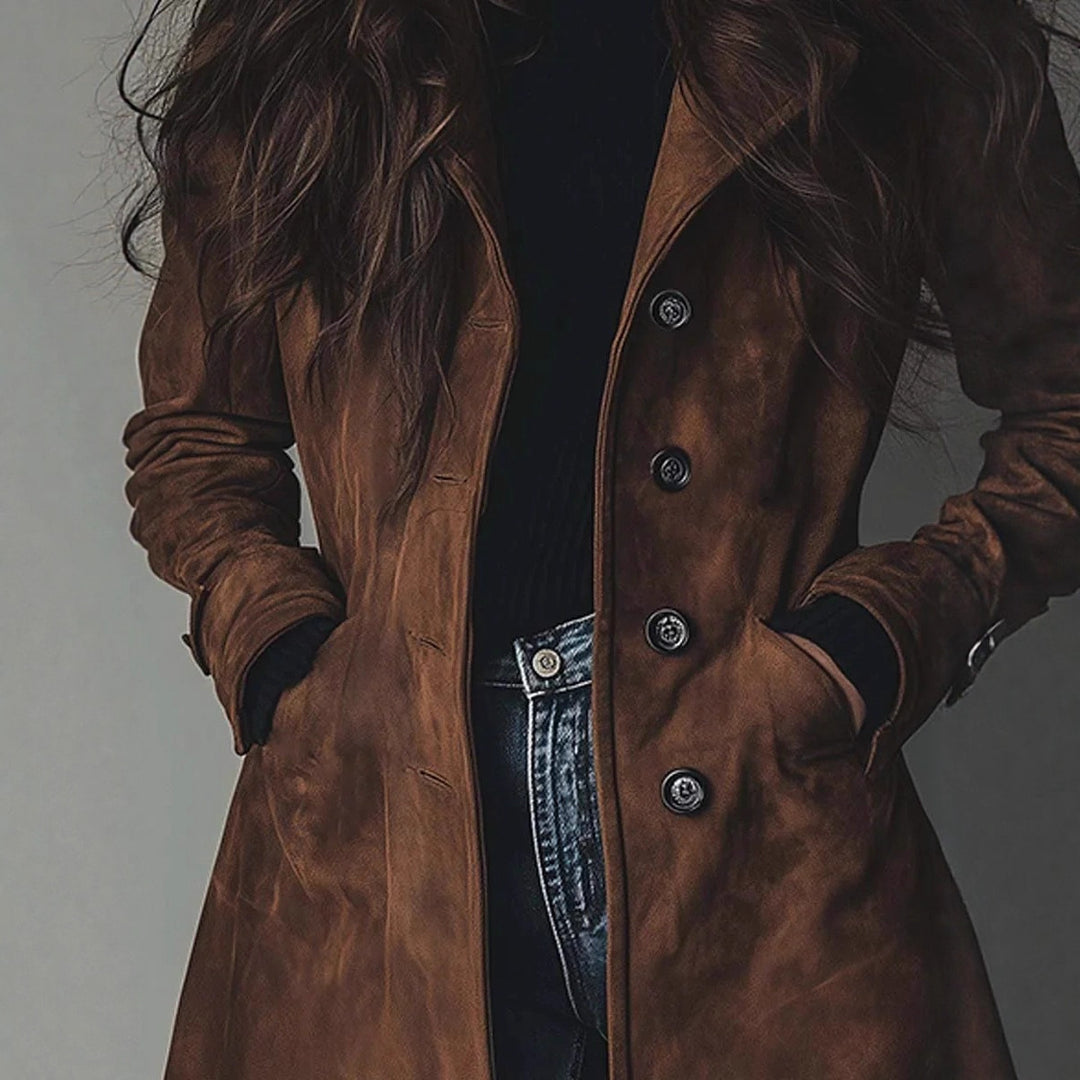 Women's Long Trench Coat – Soft Brushed Cotton, Tailored with Pockets