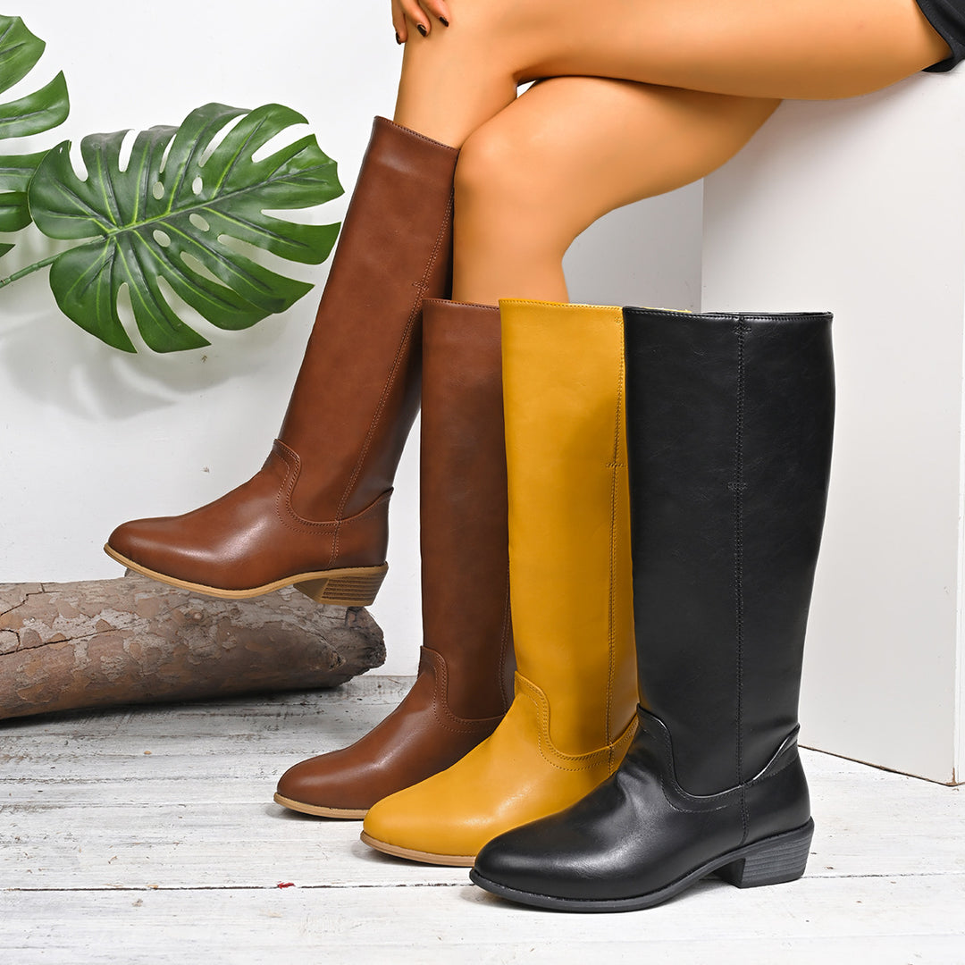 Women's Knee-High Chunky Heel Boot – Classic Round Toe Design