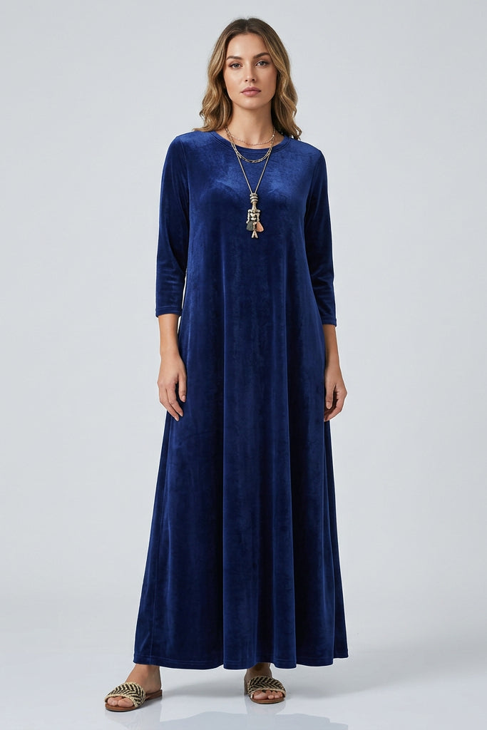 Women's Velvet Maxi Dress– A-Line, 3/4 Sleeve Evening Gown