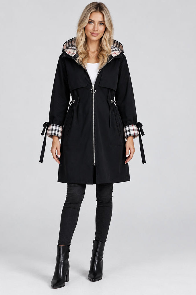 Plaid Chenille Hooded Coat with Pockets – Women's Short Outerwear