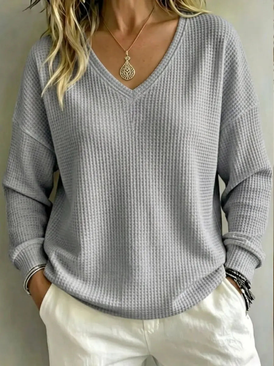 Women's V-Neck Long Sleeve Pullover Top – Regular Fit, Fluid Drape