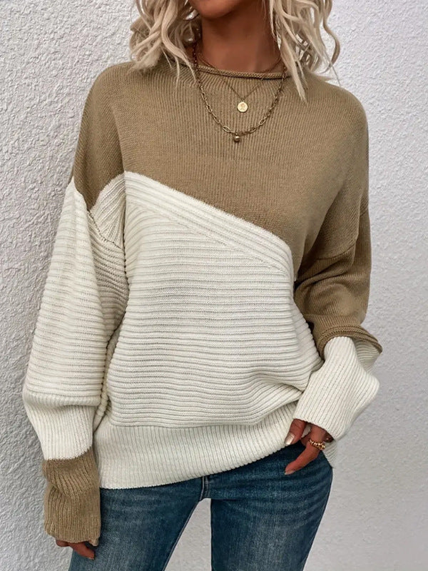 Women's Sweater – Contrast Stitch Pullover, Relaxed Knit Drape
