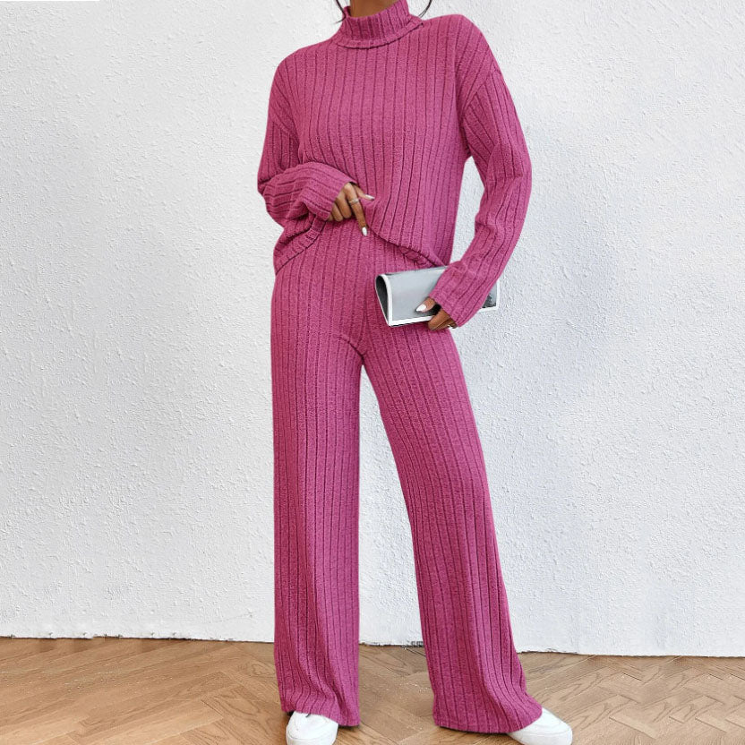 Women's Knit Two Piece Set – Ribbed Turtleneck Top & Trouser