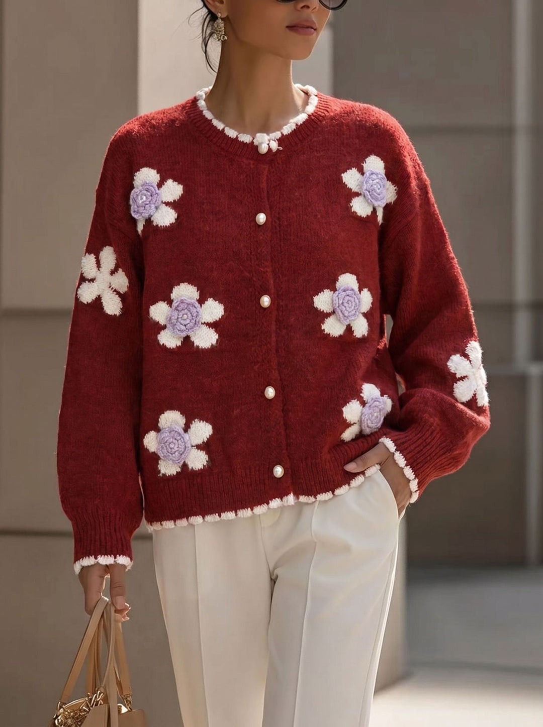Women's Knit Cardigan – 3D Floral Appliqué and Scalloped Detailing