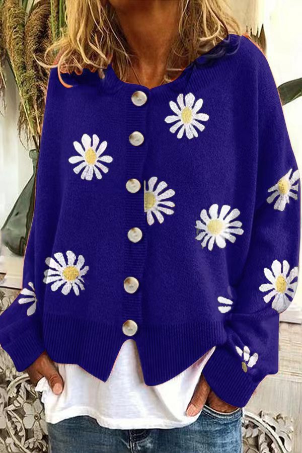 Women's Knit Cardigan – Casual Loose Fit Printed Design