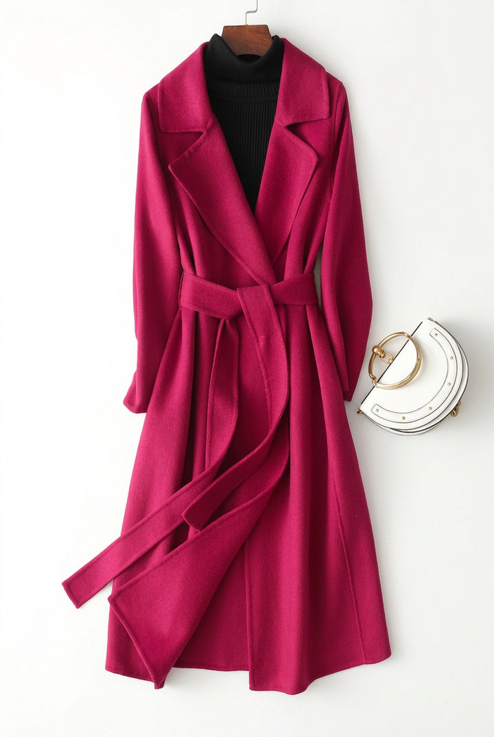 Women's Wrap Coat – Wool-Blend Mid-Length Slim Fit with Belted Waist