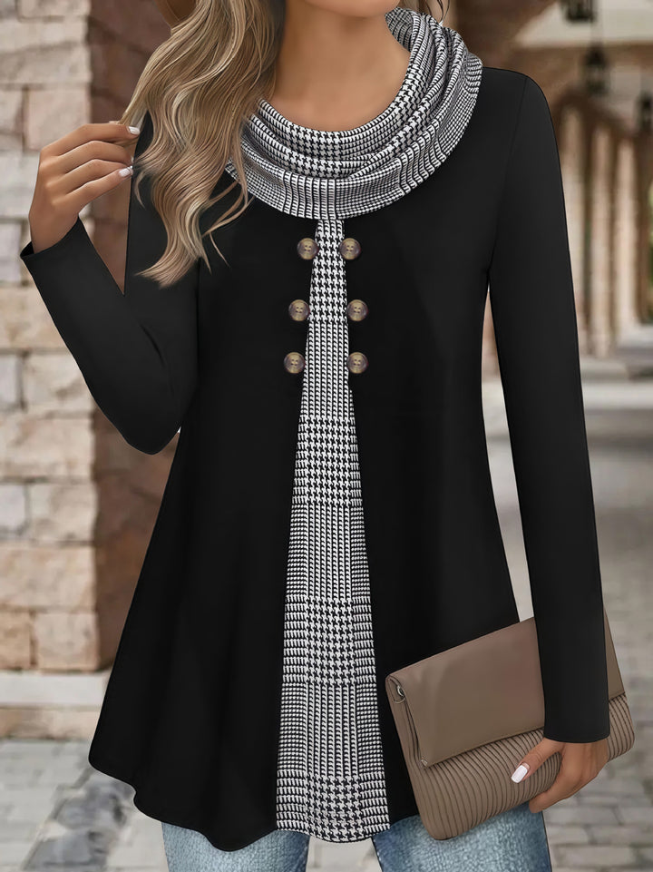 Patchwork Cotton-Blend Long-Sleeve Top for Women with Button Detail