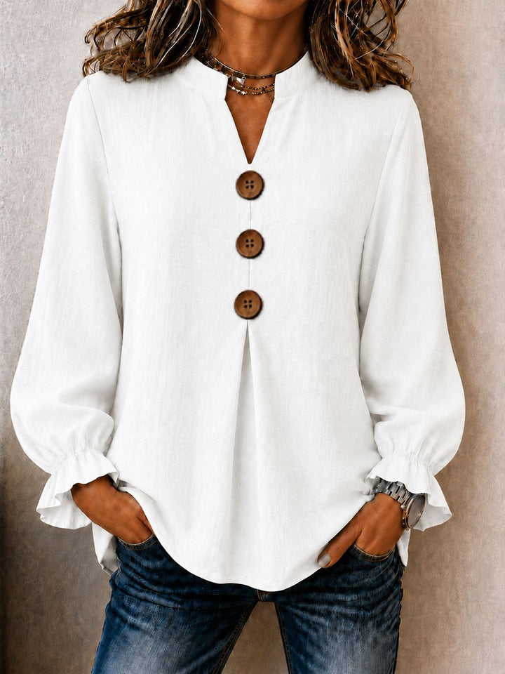 Women's Cotton Blend Ruffle Sleeve V-Neck Button-Up Top