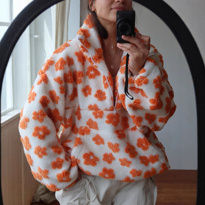 Women's Fleece Hoodie – Thick Floral Loose Fit with Pockets