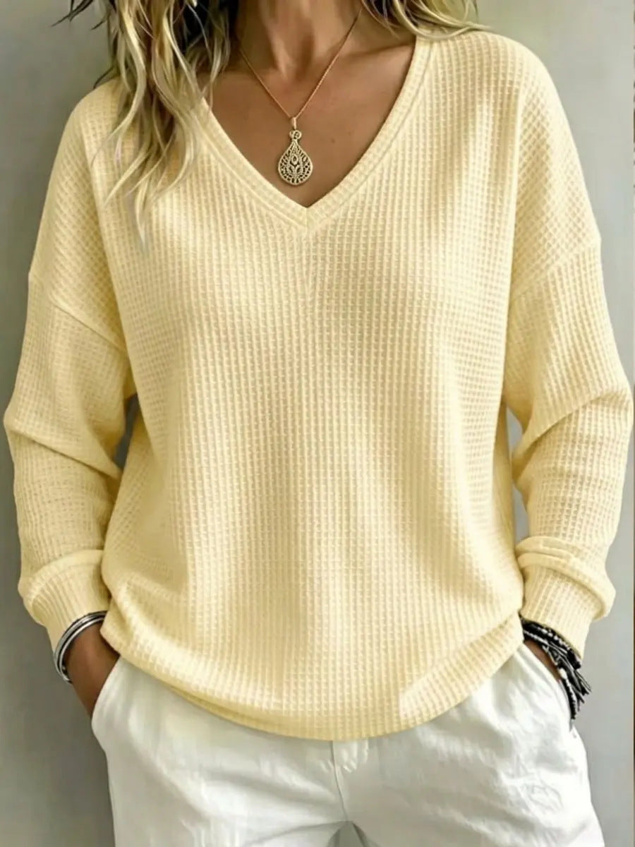 Women's V-Neck Long Sleeve Pullover Top – Regular Fit, Fluid Drape
