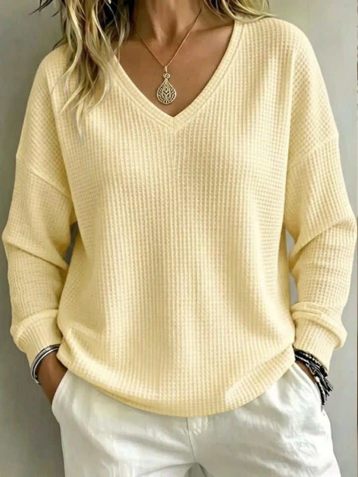 Women's V-Neck Long Sleeve Pullover Top – Regular Fit, Fluid Drape
