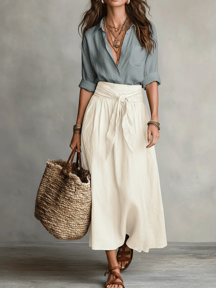 Women's Two Piece Set – Cotton Short-Sleeve Shirt & Straight Skirt