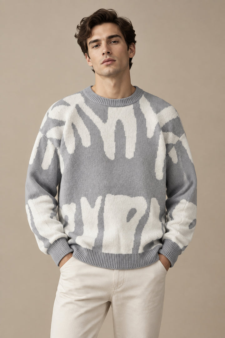 Men's Knit Sweater – Minimalist Print, Loose Casual Pullover