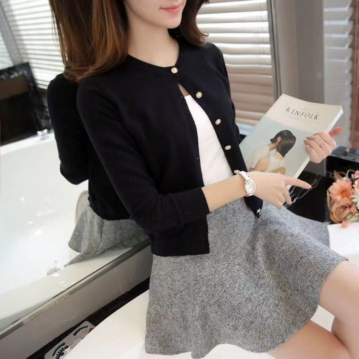 Women's Cotton Knit Cardigan, Straight Fit, Round Neck Single Layer