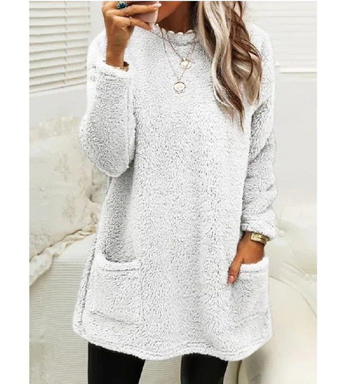 Fleece Pullover Sweater – Women's Longline Plush Top with Pockets