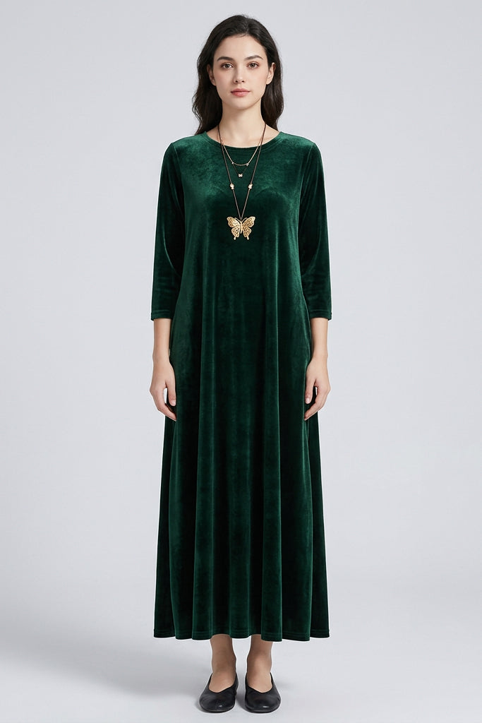 Women's Velvet Maxi Dress– A-Line, 3/4 Sleeve Evening Gown