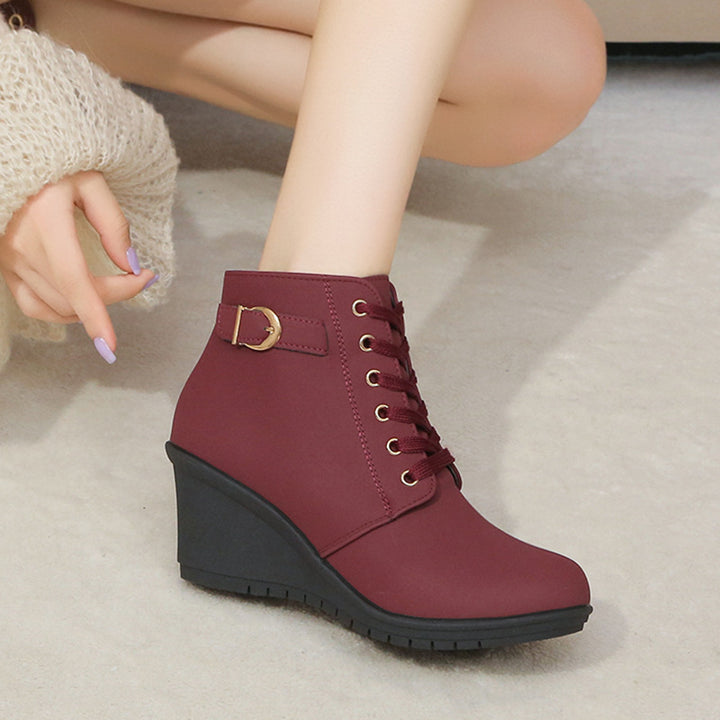 Women's Wedge Heel Ankle Boot with Buckle & Side Zip – Suede Look