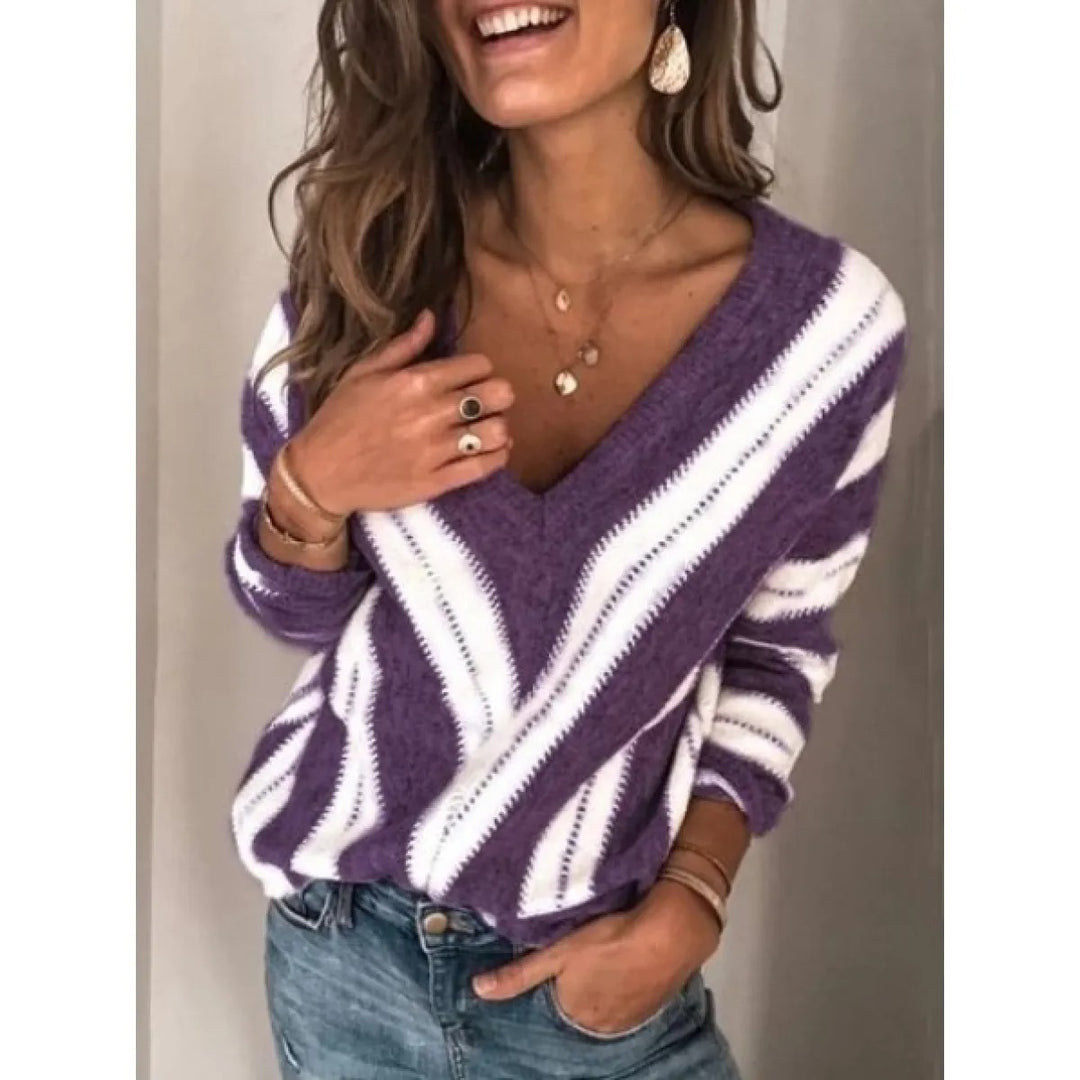 Women's Striped Sweater – Soft Knit V-Neck, Loose Fit
